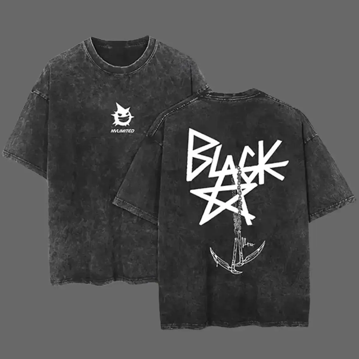 Men's Blackstar X Chain Scythe Soul Eater Graphic Tee - Streetwear, Short-Sleeve, Round Neck, Loose Oversized Unisex Cotton Vintage Washed Casual Menswear Top for Anime Fans V54