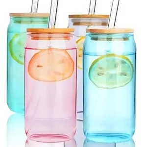 18oz Color Glass Cups with Lids and Straws-Iced Coffee Cups Smoothie Cup Reusable Tumblers Set of 4,Glass Water Bottle, Borosilicate Drinkware Thermal Drinking Glassware