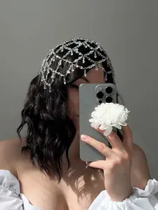 Vintage Head Chain Silver Crystal Rhinestone Headpieces Cap Vintage 1920s Mesh Head Chain Wedding Bridal Flapper Headband Gatsby Roaring Party Prom Custome Hair Accessoris For Women For Valentine's Day Gift New Year Gift