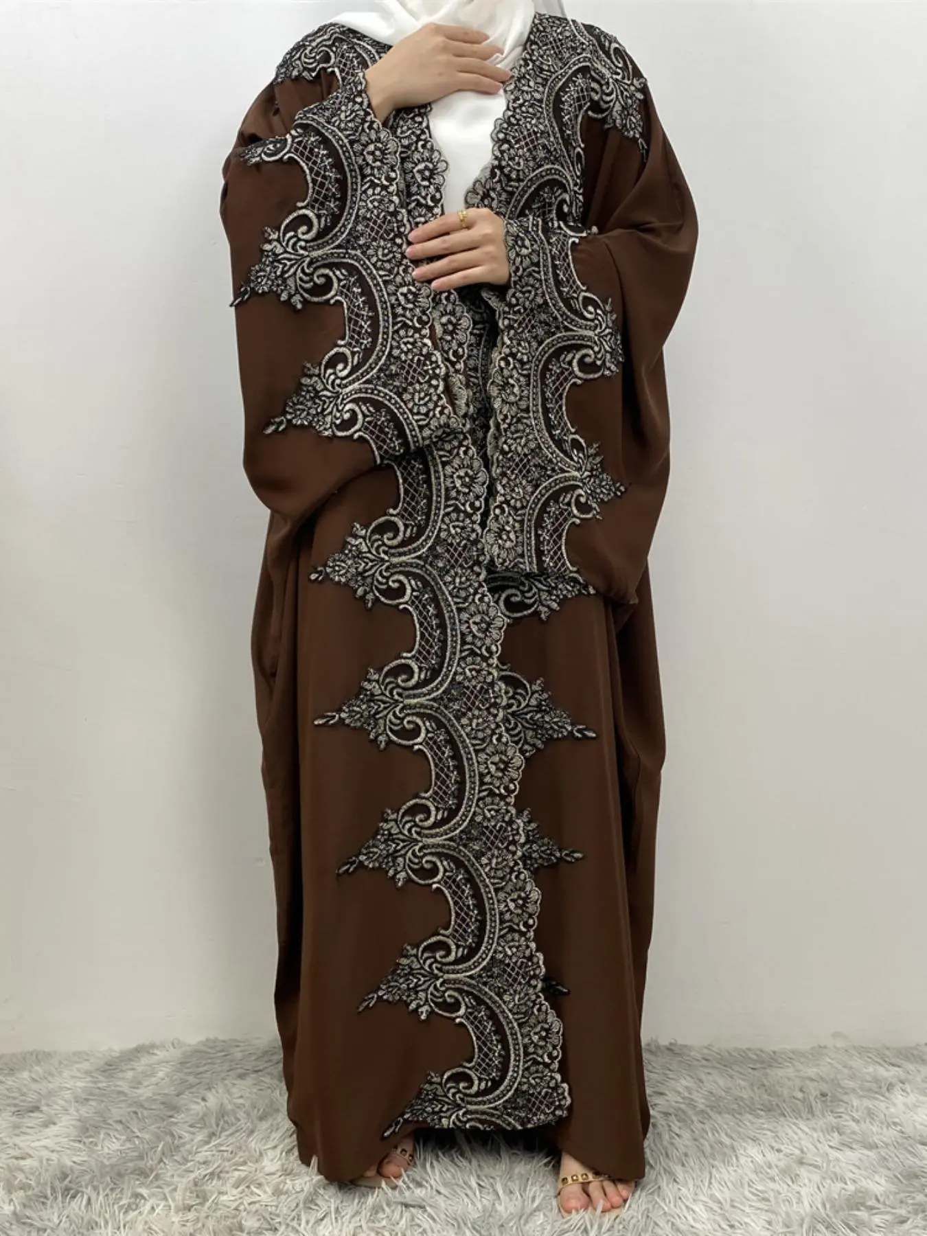 Women's Patchwork Print Batwing Sleeve   Abaya, Modest Elegant Long Sleeve Outerwear for Daily Wear, Ladies Islamic Clothing for Spring & Fall