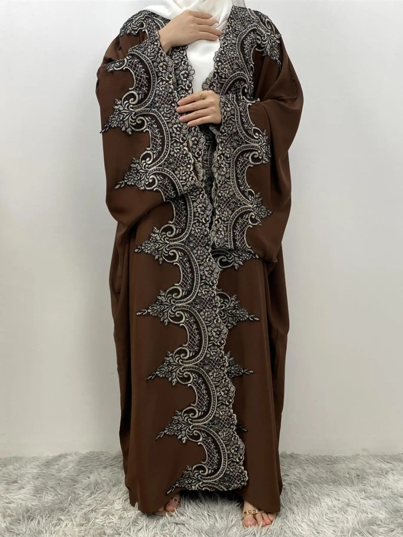 Women's Patchwork Print Batwing Sleeve Abaya, Modest Elegant Long Sleeve Outerwear for Daily Wear, Ladies Islamic Clothing for Spring & Fall