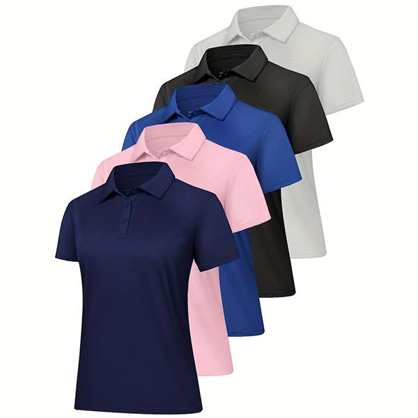 Veldtholos Women's Polo Shirts 5 Pack Short Sleeve 3 Buttons Collared Uniform Tops Moisture-Wicking T-Shirts for Work & Casual Wear