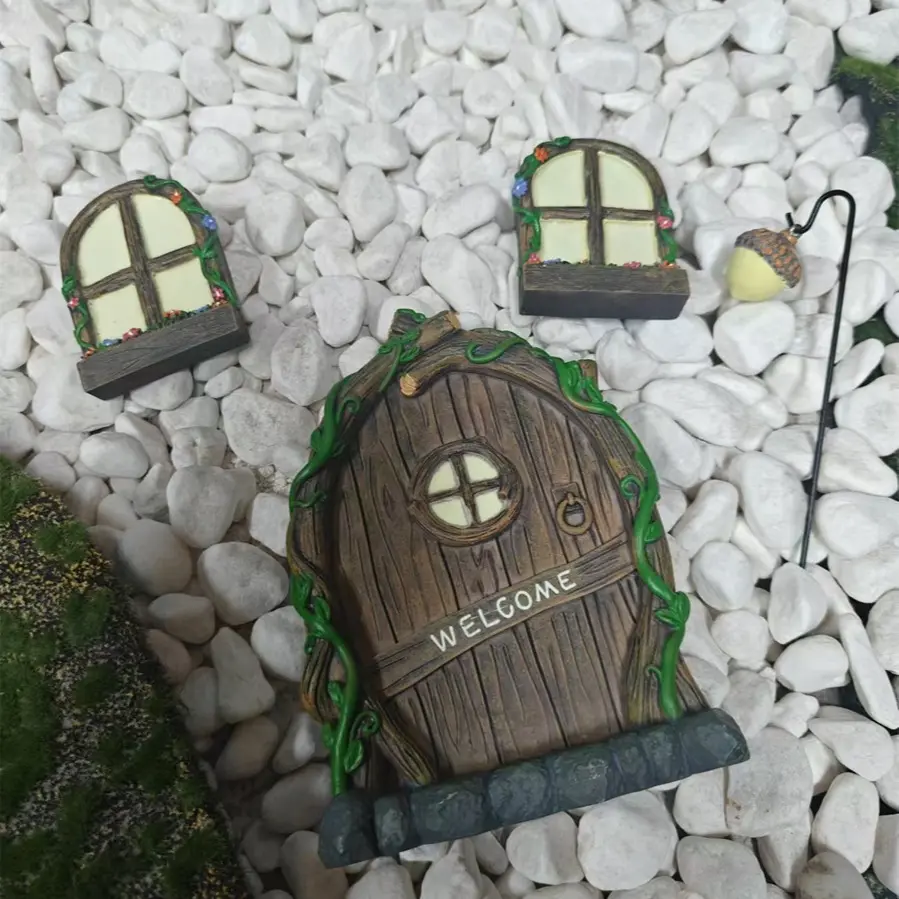 4-piece Decorative wall decor with glow-in-the-dark windows, fairy tale resin doors and windows, suitable for decorating trees in the yard, balcony walls, outdoor statues, Garden Sculptures Statues, no power required