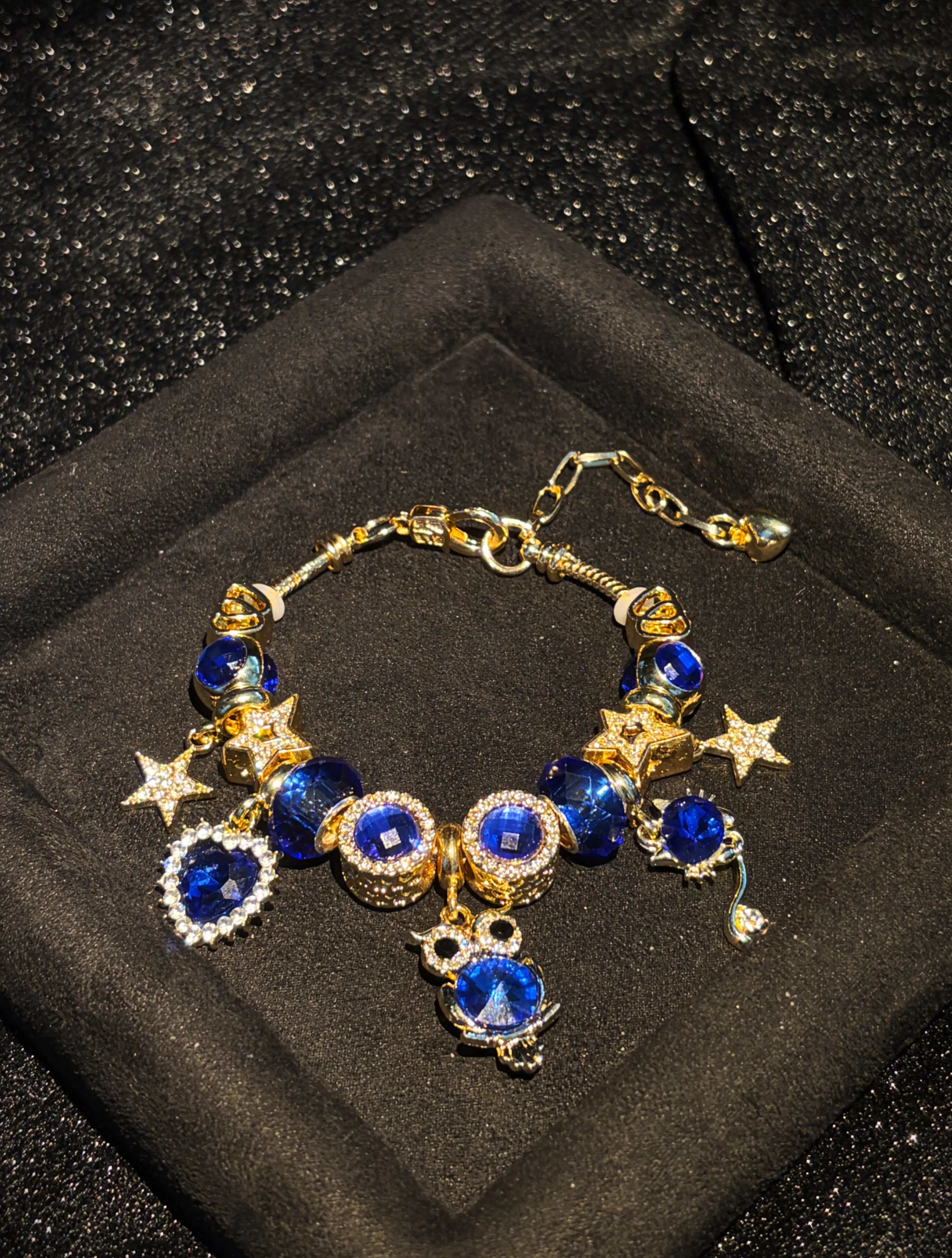 Women's Sparkly Blue Crystal Charm Bracelet - Gold-Tone Adjustable Snake Chain with Owl, Star, Heart Rhinestone Dangle Charms, Elegant Evening Party Jewelry Gift for Teen Girls