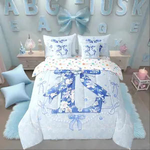 7Pcs Blue Bow Comforter Bed Set,Teen Girls Floral Letter Bedding Set,Coquette Aesthetic Bowknot Quilt Groovy Spring Flower Bed Bag with Floral Bow Bed Set