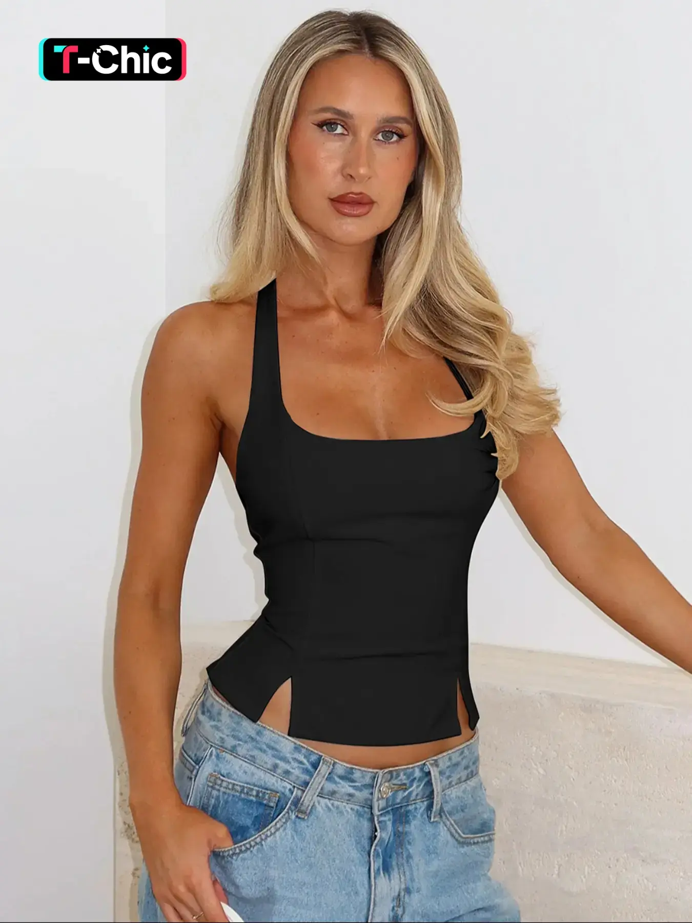 Women's Solid Split Hem U Neck Halter Top, Minimalist Sexy Backless Sleeveless Slit Cami Camisole Top, Party Club Date Holiday Beach Vacation Y2K Crop Tank Tops For Ladies All Seasons Summer Fashion Clothes Womenswear Cropped Tank Tops