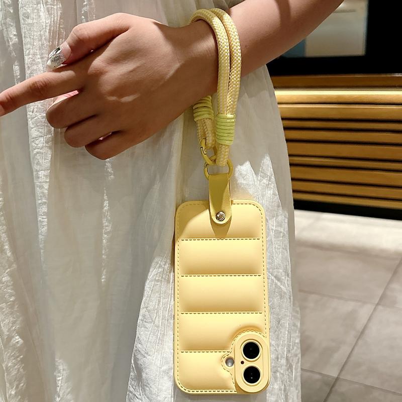 Luxury Liquid Down Jacket iPhone Case with Hand Strap | Oil Coated Protective Cover for iPhone 16 15 14 13 12 11 XR 7 8