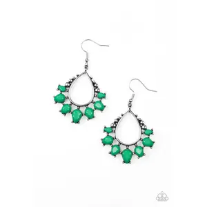 Flamboyant Ferocity Airier Frame Dangle Earrings - Green, Faceted Teardrop Design, Leprechaun Bead Accent, Studded Prongs, Style E064