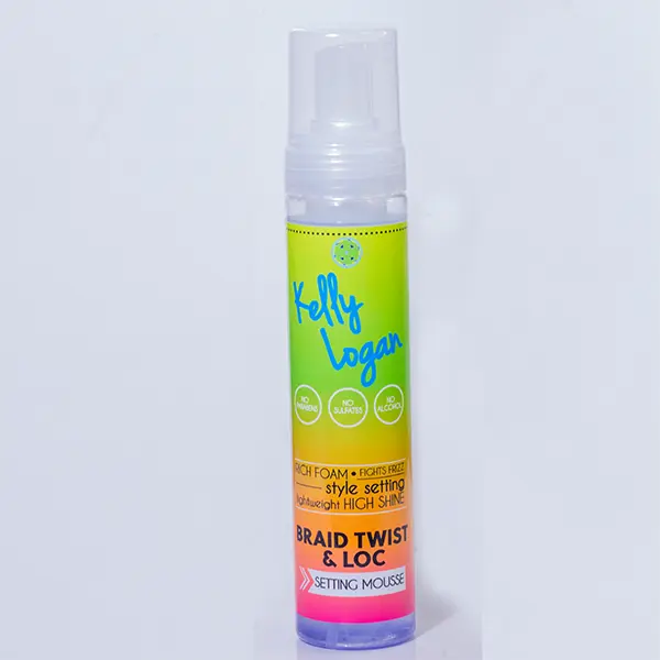 Kelly Logan Braid Twist and Loc Setting mousse for rod sets, twist outs, braid outs, wash and gos and defining curls