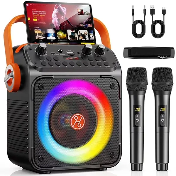 JYX Durable Lightweight ABS Plastic Karaoke Party Speaker - Portable Wireless Boombox with 2 Microphones, Adjustable Digital Stereo Audio, LED DJ Lights, Digital Display for Home, Camping, Beaches Card-Ready tiktokshopbacktoschool