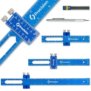Precision Woodworking Ruler, Set of 3 (12, 8, 6 Inch) -  Woodworking Pocket Tool with Extra Wide 2" Sliding Attachment - Slide T-Square Scribing Kit Plus Mechanical Pencil - Aluminium