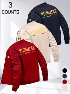 Men's Michoacan Mexico Letter Print Baseball Jacket, Spring Summer Pilot Jacket, 3-Piece Set, Versatile for Multiple Scenes