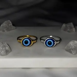 Alx Aura Evil Eye Protection Ring Handmade Wire Wrapped in Gold Silver or Copper for Enhanced Luck and Protection Classic Blue Evil Eye Bead Unisex Design
