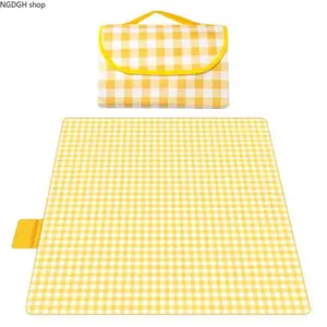 Portable Picnic Blanket Yellow Gingham - Foldable Waterproof Outdoor Beach Mat with Handle Carry Bag, Lightweight Compact Picnic Rug for Beach Park Camping Grass Lawn Family Outings & Summer Vacation