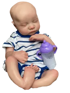 Lifelike Soft Touch Reborn Boy Doll 16 Inches 40cm Full Silicone Realistic Artist Collection with Purple Sippy Cup for Festival Halloween Birthday Christmas Gift