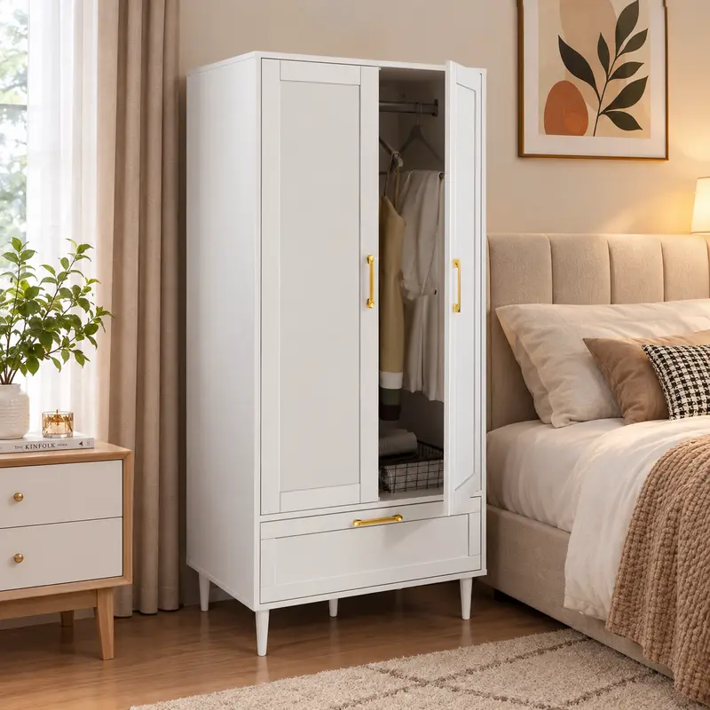 Wooden Freestanding Upright Tall Cabinet Wardrobe - 60in High, 27.5in Wide Rectangular Wood & Alum. Frame, 2 Doors, 1 Drawer, Hanging Rods, Gold Handles, Anti-Tip Legs, Anti-Dumping Accessories, Spacious Clean-Look Storage for Modern Glam Bedroom, Wooden
