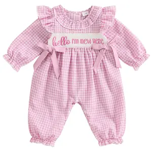 Newborn Baby Girl Clothes Long Sleeve Daddy's Girl I'm New Here Letter Embroidery Jumpsuit Bow Plaid Bubble Onesie Romper Outfits