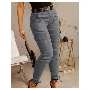 Women’s mid-rise skinny jogger cargo pants — slim-fit motorcycle western style with flap pockets; medium-stretch, machine-washable all-season casual jeans; women’s jogging pants; casual attire; contemporary fashion; decorative belt loops