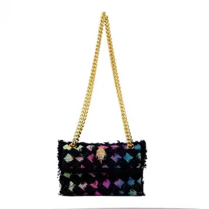 Women Handbag Wash Denim In Weave Print Purse Jointing Cross Body Bag