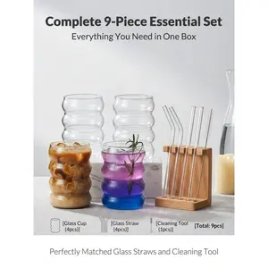 9 Piece Glass Set with Straws for Family Use Drinking Cups for Water Juice Milk