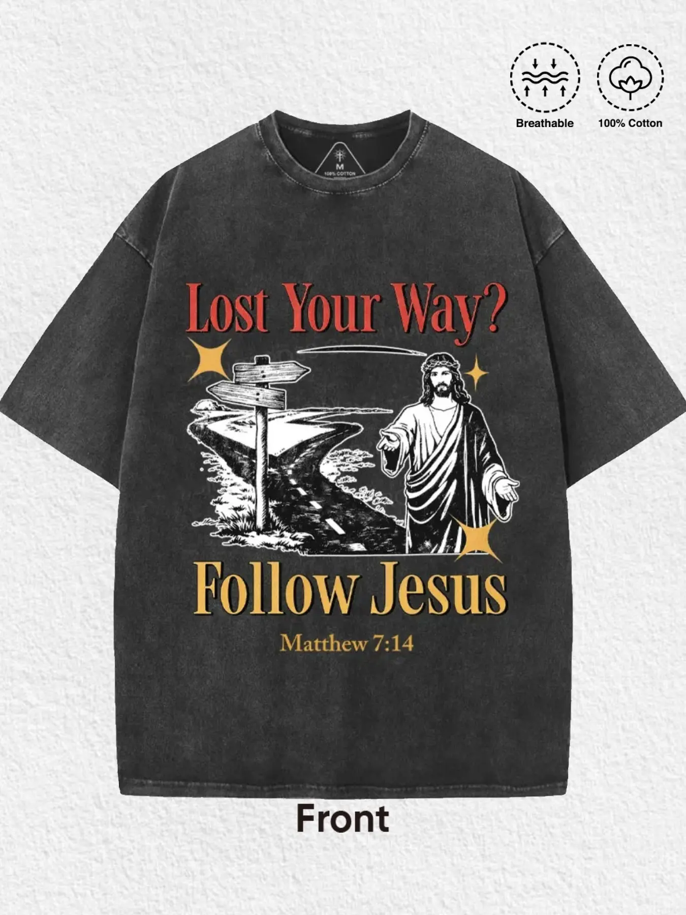 1 PCS Lost Your Way Follow Jesus Matthew 7:14 Christian Vintage Road Sign Graphic Print, Retro Faith Religious Streetwear, Breathable Unisex Tee For Christian Believers Church Casual Daily Outfit