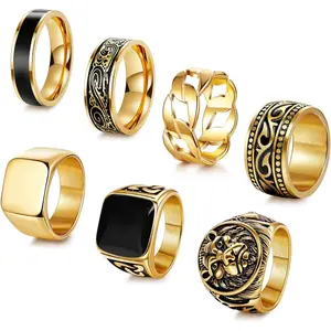 7 count Stainless Steel  Signet Rings for Men Square Signet Rings Cuban Link Chain Ring Pinky Thumb Celtic Band Spinner Ring   Polished  Mens Ring Biker Rings Set,Size 8-13