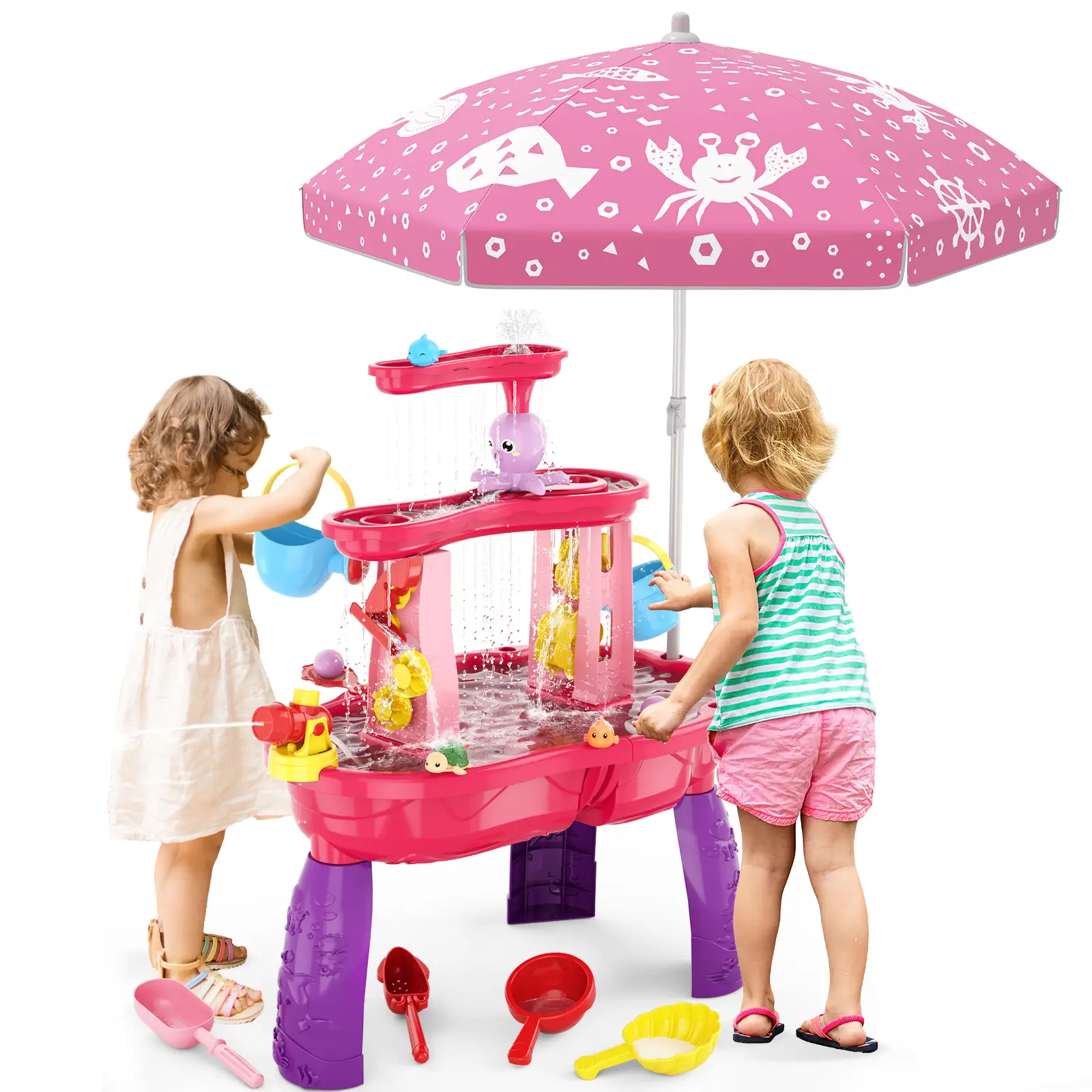 Water Table for Toddlers 3-5, 3-Tier Kids Splash Sand Table Water Toys, Rain Showers Splash Pond for Outdoor Beach Backyard Summer, Activity Sensory P