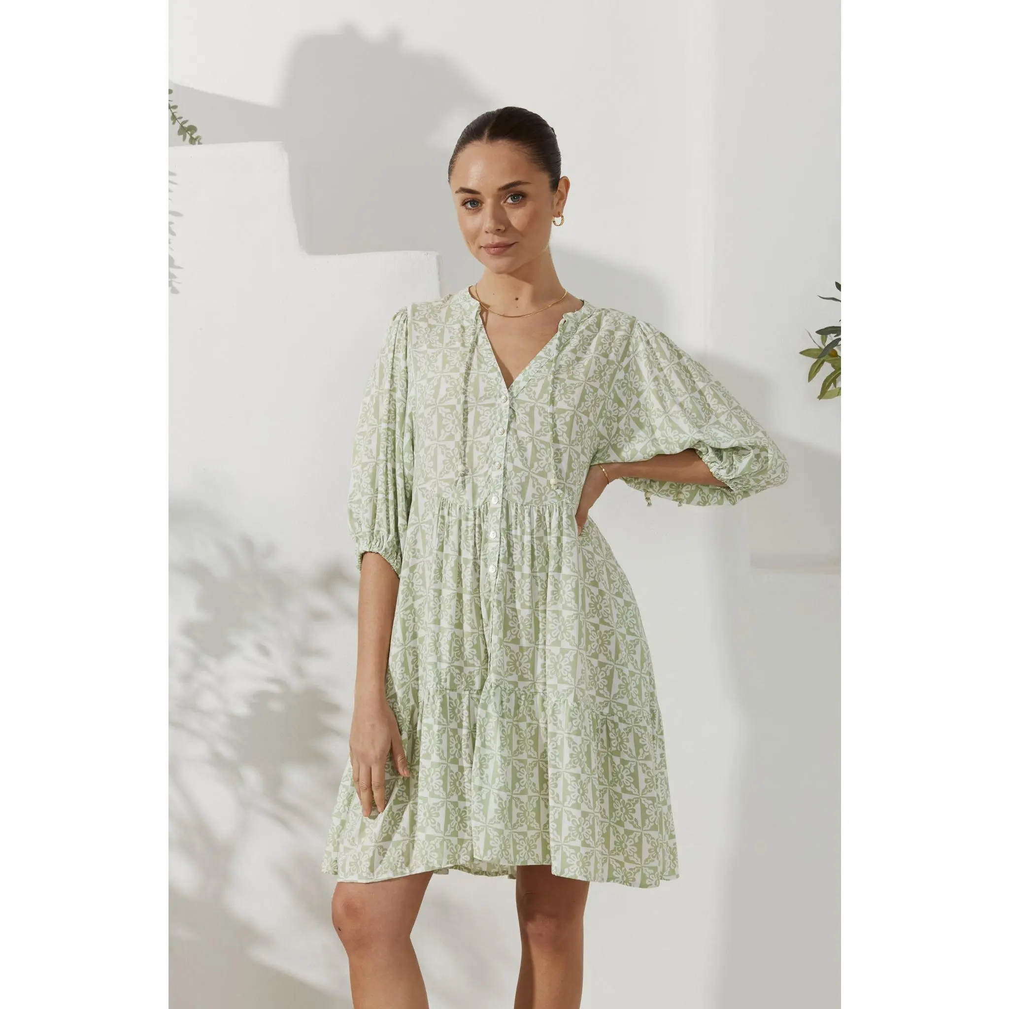 Sylvie Green Tile Abstract Button Down Mini Dress