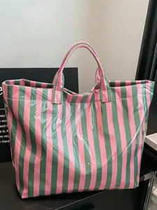 Striped Tote Bag High-Value Lightweight Handbag Soft Commuter Tote Commuter Large Capacity Portable Travel Shoulder Bag,Casual Style All Seasons Fashionable Shopping Bag