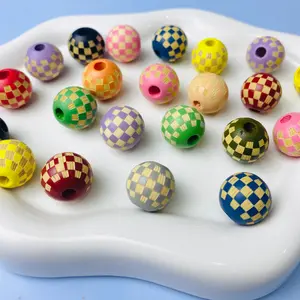 [Kingward] 100pcs 16mm Assorted Color Wooden Checkered Beads for Beaded Pen, Keychain, DIY Supplies, Handmade Crafts