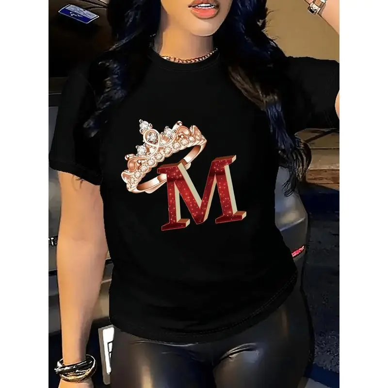Women's Red Graphic Sports Top, Letter-M with Crown & Diamond Studded Print, Round-Neck Casual Machine-Washable Top for Spring-Fall Season
