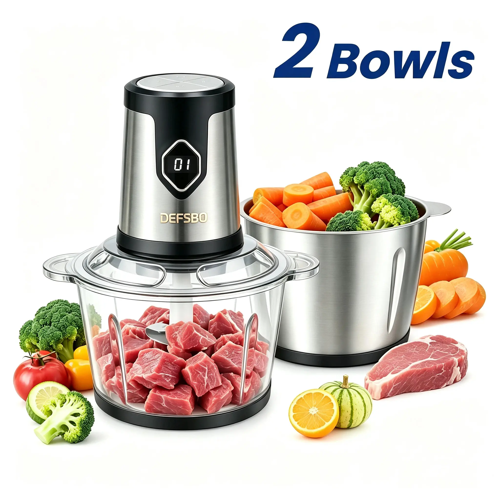 2L Electric Food Processor with 2 Bowls, Glass & Stainless Steel Meat Grinder with Timer Display, Multi‑Function Kitchen Chopper for Meat, Veggies & Dough