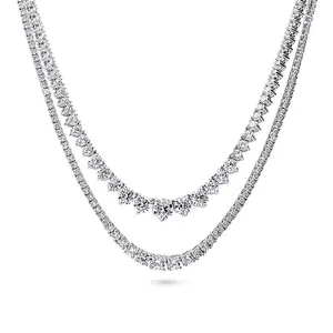 BERRICLE Sterling Silver Graduated Statement Layered Tennis Necklace for Women, Round Cut Cubic Zirconia CZ, 2-Piece Set