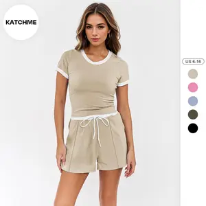 Katch Me Chic Women's Casual Round Neck Contrast Trim Short Sleeve Top & Pocket Drawstring Waist Shorts Co-ord, Summer 2 Piece Set, Comfort Basic Set