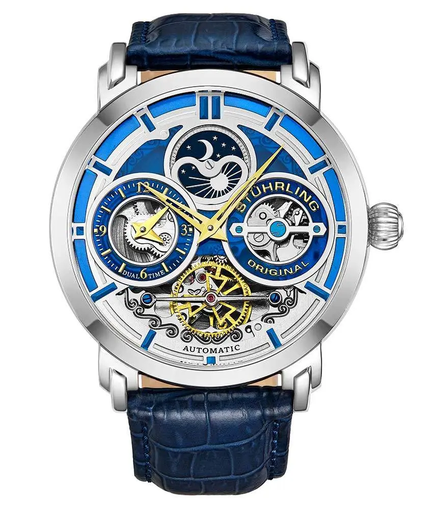 Modern Chic Fashion Men's Luxury Mechanical Wrist Watch - 46mm Skeleton Dial, Automatic Movement, Tinted Crystal, Dual-Time Multiple Time Zones, Embossed Leather Strap, Chic Fashion Men's Watches, Second Timezone, Luxury Mechanical Wrist Watches