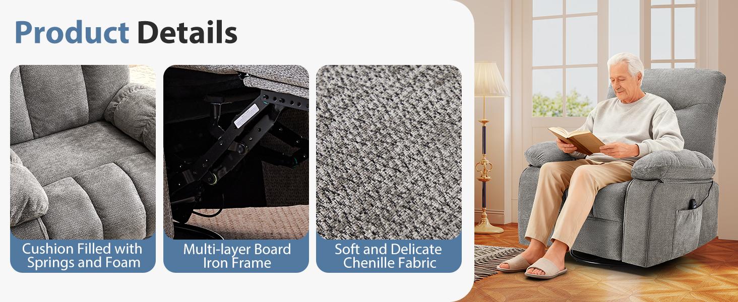 Swivel Rocker Recliner Chair with Massage and Heat, Adjustable Recline, Chenille Fabric