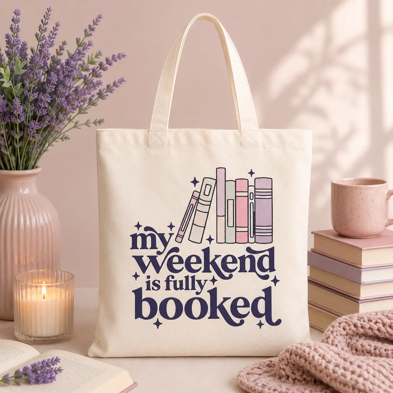 Canvas Tote Bag for Book Lovers, "My Weekend is Fully Booked" Graphic Printed Quote, Reusable for School and Shopping, Book Motif