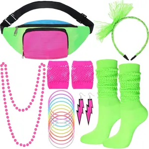 19 count 80s Costume Accessories Set Neon Retro 80s Fanny Pack Hairband Fishnet Gloves Bracelet Earrings Necklace Socks