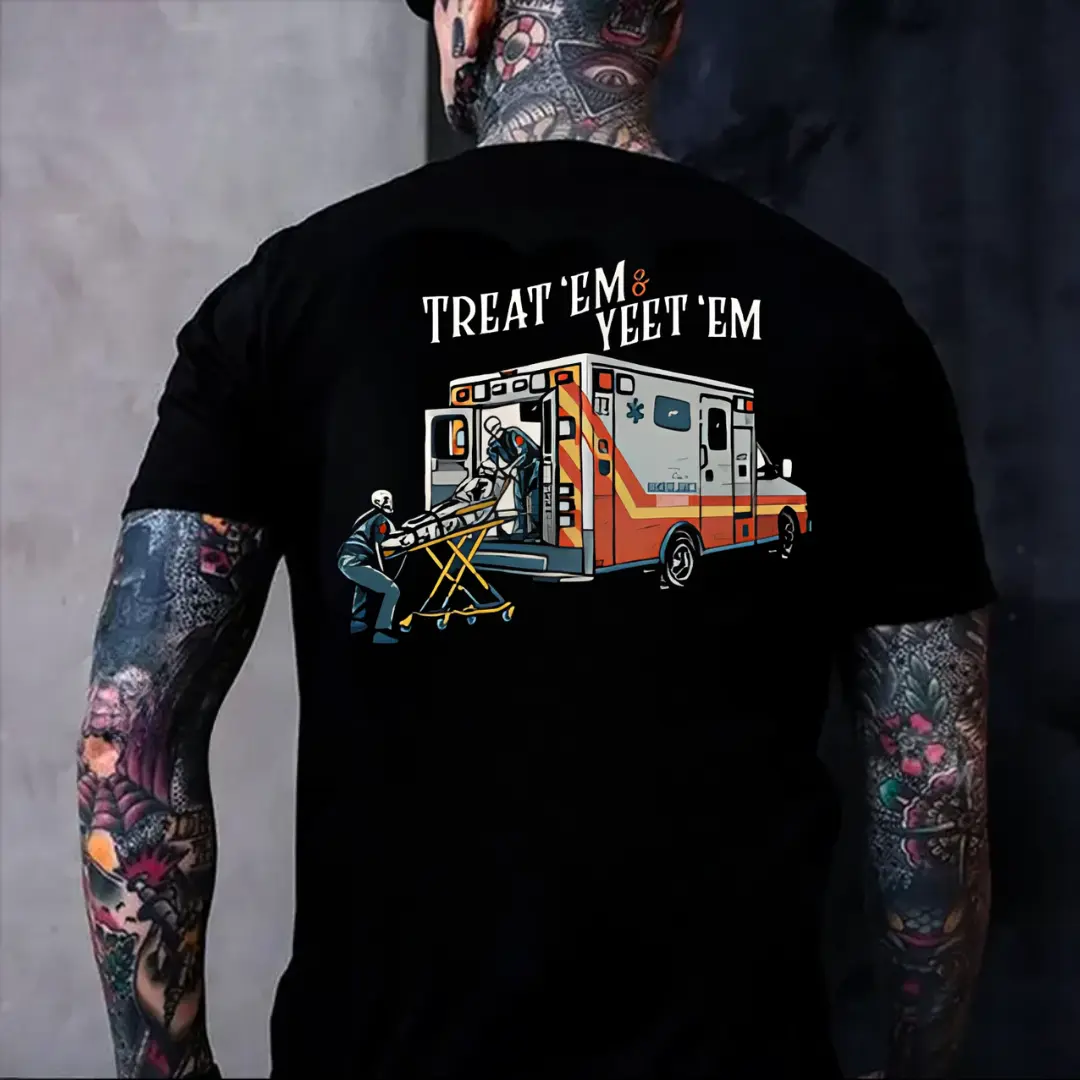 Treat ’Em & Yeet ’Em Graphic Tee (Viral) Funny Paramedic Shirt 180g 100% Cotton Ambulance Skeleton Design EMS Workwear T-Shirt Blue Collar Streetwear Casual Short Sleeve Dad Gift for EMTs & Paramedics TikTok Shop Deals
