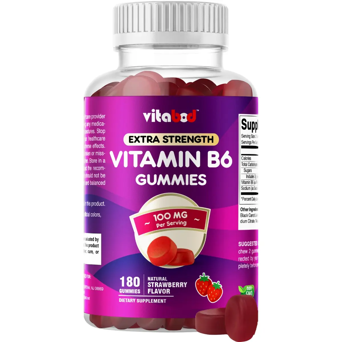 Vitabod Extra Strength Sugar-Free Sucralose-Free Natural Berry Raspberry Flavor Chewable Vitamin B6 Pectin-Based Jelly Gummy Supplement - 100 mg, 180 Count - Adult Energy Boost, Nervous System Health - Non-GMO