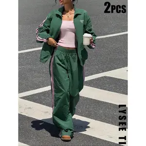2pcs Autumn/Winter Retro Sports Style Black Green Pink Stripe Butterfly Print Top+Pants Loose Women's Set
