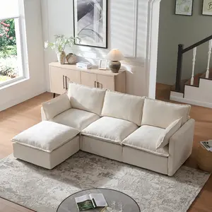 93 Inch L-Shaped Couch Sofa with Ottoman, Modular Sectional Sofa with 4 Seats and Pillows for Living Room, Modern Minimalist Chenille Fabric Large Comfy Cloud Furniture DIY Combintion (Beige-93inch)