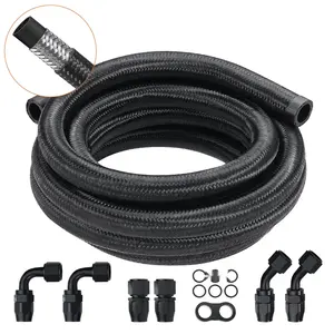 10AN Fuel Line Kit, 10 Ft Nylon Stainless Steel Braided Fuel Hose With 0.55 Inch Inner Diameter, Oil Gas Diesel Compatible End Fittings Kit, Includes 7-Piece Swivel Adapters, Black Durable