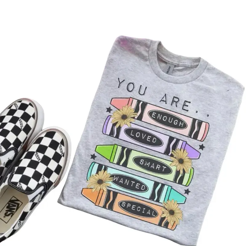 You Are Enough Crayons Bleached Shirt Comfy Unisex Jersey Top Casual Vintage Style Short Sleeve Crew Neck Medium Length