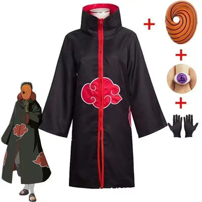 Naruto Akatsuki Tobi Cosplay Full Set: Obito Uchiha Costume with Coat, Mask, Shoes & Jade Ring – Perfect for Cosplay Events