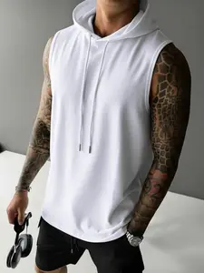 Men's Sleeveless Hoodie Vest, Sporty Style, Slim-Fitting, Breathable Polyester Knit Fabric, Ideal for Outdoor Fishing, Gym, Running, Cycling, Basketball, Gym Sportswear