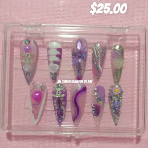 All Things Glamour by Kat Pink and Purple Stiletto Nails Set with Sparkling Designs and Price Tag $25.00