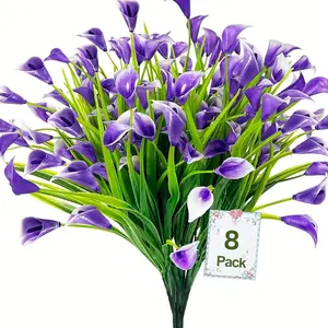 8 Bundles of Artificial Calla Lilies for Outdoor Use, Uv-Resistant And Colorfast Fake Plants, Plastic Flowers for Indoor And Outdoor Pots, Suitable for Home Porches And Summer Cemetery Decorations, Ornaments