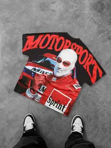 Men's Race Car & Letter Print Round Neck Crop Tee, Loose Casual Graphic Design Fashion Short Sleeve T-shirt for Daily Wear, Men's Casual Streetwear Top for All Seasons, Tropical, Casual Menswear