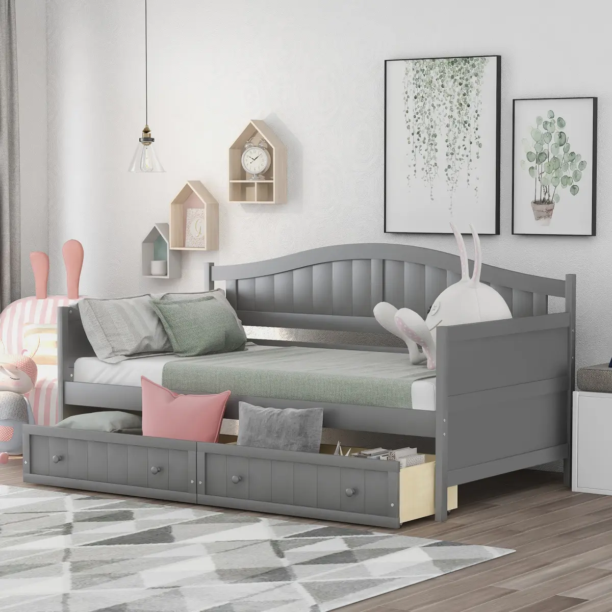 [Fahuac] Classic Lines Cottage Arch Solid Pine Wood Double Daybed Bed Frame for Living Rooms, Kids' Rooms, 2 Drawers, 275lb Capacity, 8 inches Height, Included Slats, 78.2x42.3x35.4in, Storage Organization, Self-Assembled